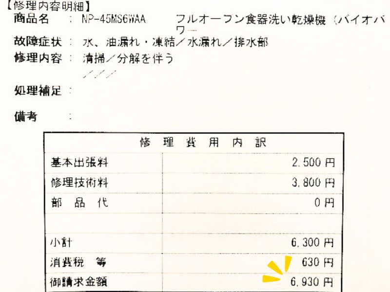 食洗機故障、Panasonicのサービスマンに依頼した修理代金