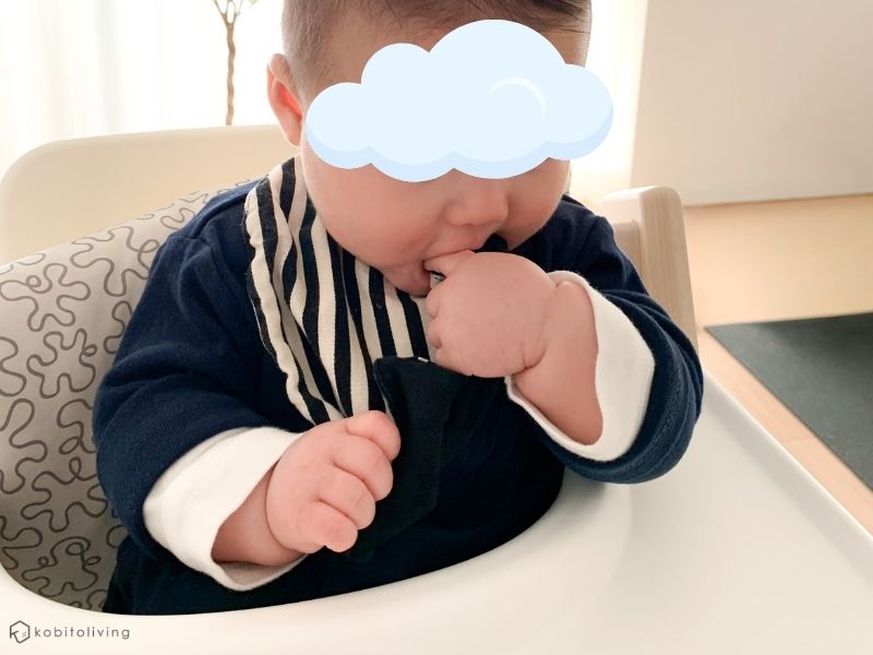 トリップトラップにトレイを付けたらうまくお座りができたところ